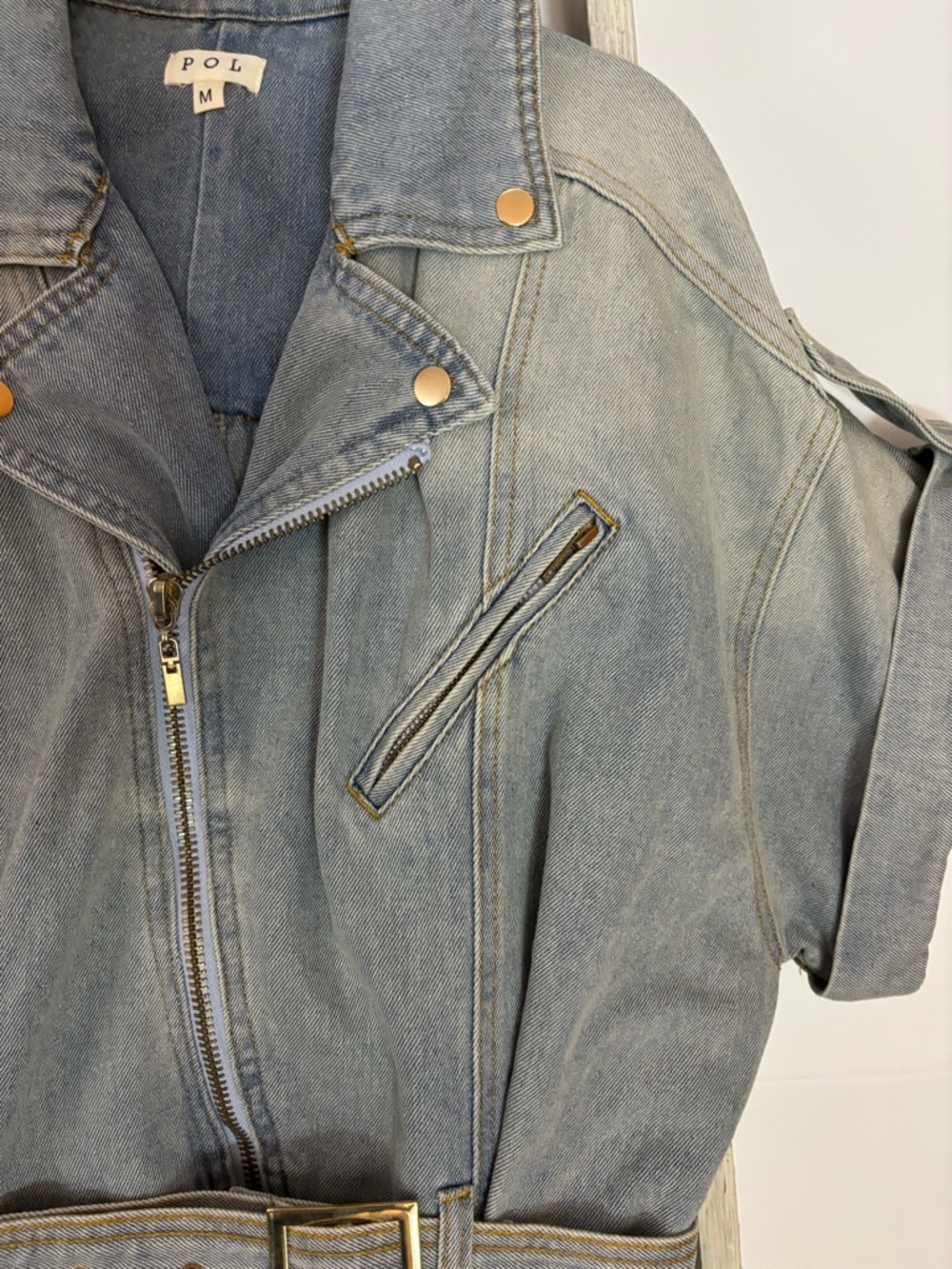 POL Short-Sleeve Washed Gray Denim Moto Jacket, cropped, oversized, modern, edgy - Picture 5 of 11